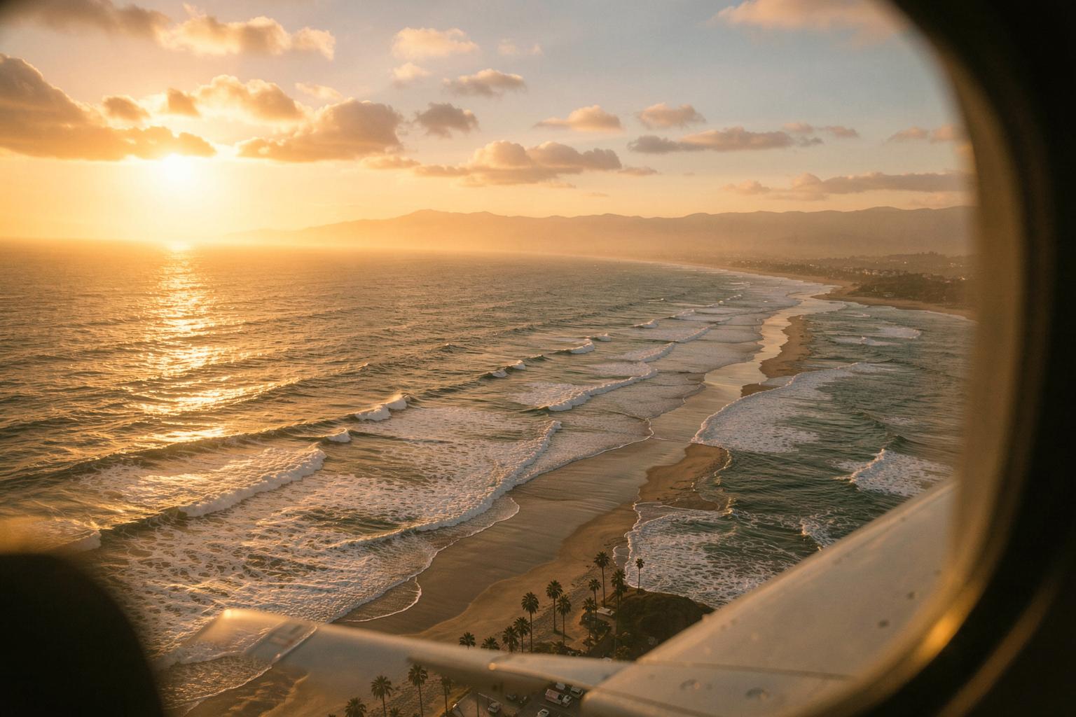 Sunlight over the California coastline seen from an airliner window